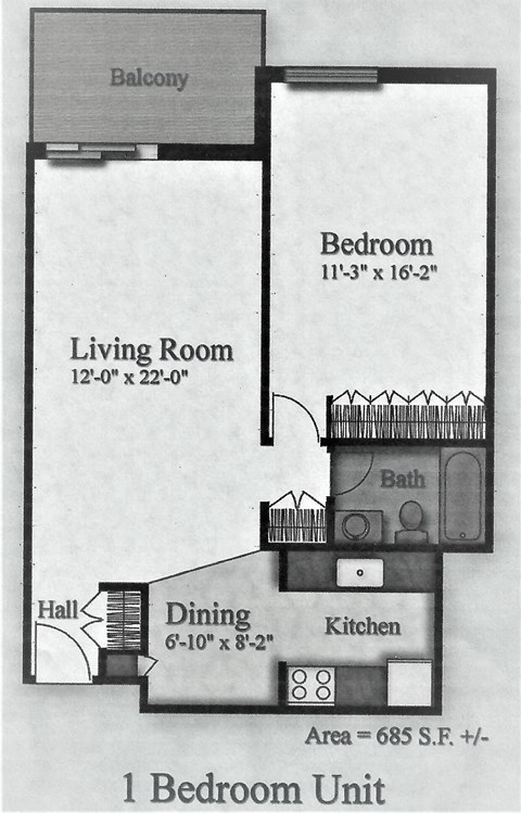 Floor plan for 1 bed, 1 bath, 685 sqft